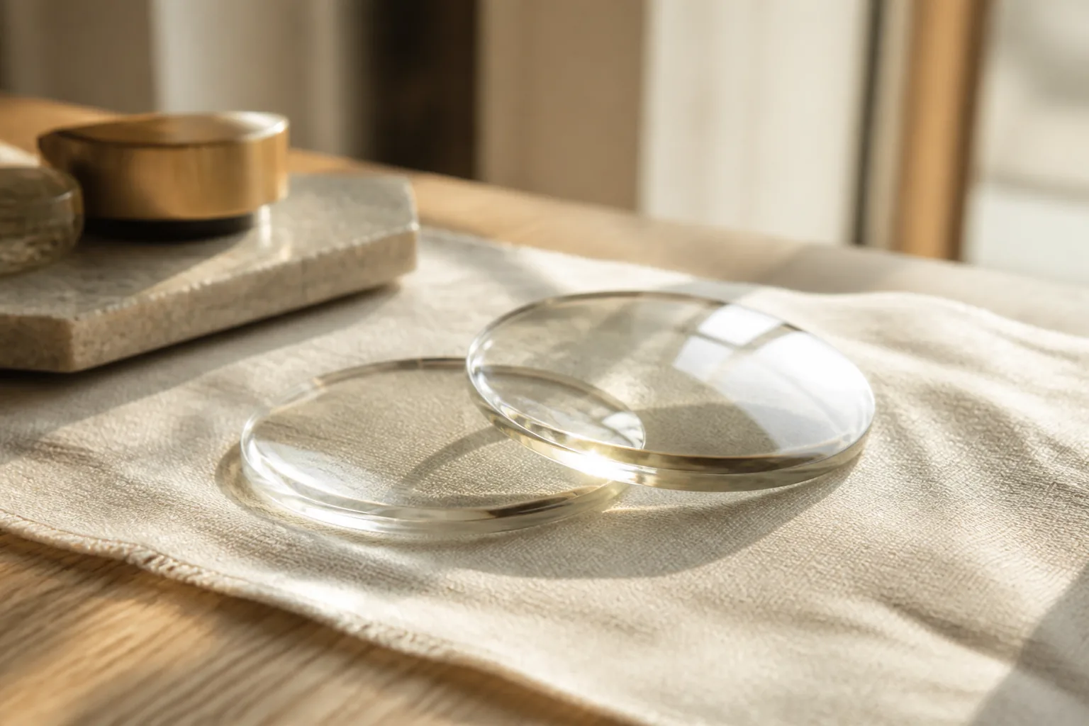 Brillenglazen in het atelier, warm licht op eiken